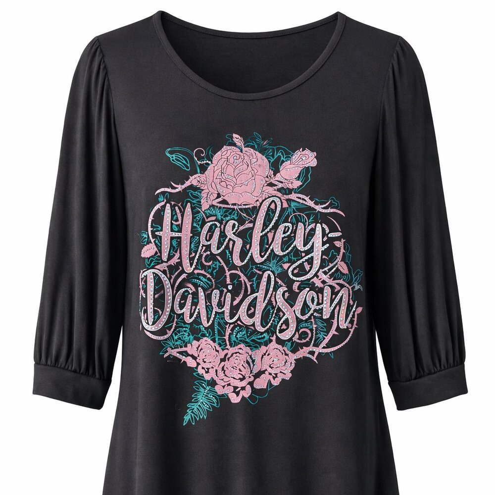 Harley-Davidson Black Graphic Tunic Top Jeweled Floral Logo NWT